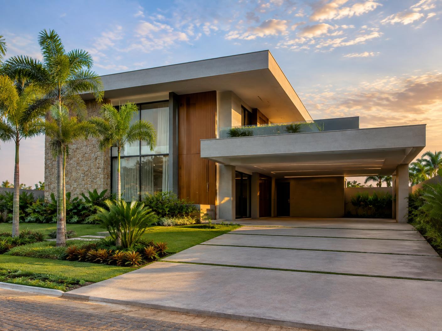 Referência de arquitetura residencial contemporânea com paisagismo tropical
